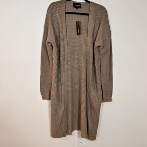 Ambiance Apparel Womens 1X NWT Long Open Knit Cardigan Duster Tan Pockets Boho